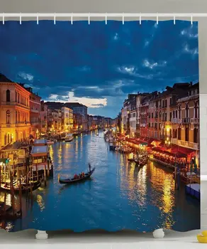 Завеса за душ Venice Deor от Ambesonne, Плажни пейзажи от Венеция, Архитектура Италия, нощни картини, Щампи, Полиестер