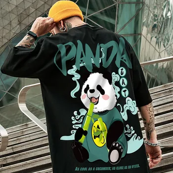YlSHioo Мъжки t-shirt размер на плюс с графичен Дизайн, Лятна тениска в Китайски Стил с изображение на Панда От чист Памук, Удобна тениска с Кръгло деколте И Къс Ръкав