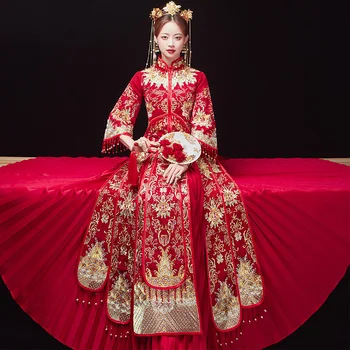 FZSLCYIYI Цветна Бродерия и Кристали Китайската Булката на Младоженеца на Сватбената Рокля Чонсам Елегантен Сватбен Костюм Ципао
