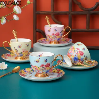 DXUIALOI лека луксозна златна керамична чаша в европейски стил, творчески кафеена чаша, чаша, чаша за вода, чаша за следобеден чай, чиния за домашен интериор 200 мл