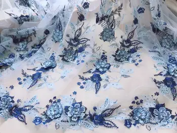 GLace 1Y/много Високо качество на синьо 3D цвете бродерия с мъниста лейси тъканта мека на окото плат тежък плат, ръчно изработени пола, рокля TX925