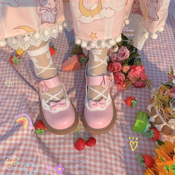 Сладко Момиче На среден ток с Лък и Катарама, Кавайное Чай, Японски Скъпа обувки в стил Аниме 