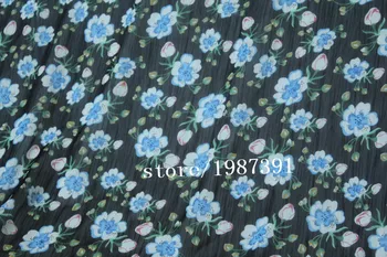 145 cm ширина Шифоновая креповая кърпа със сини цветя модел на черен фон, за да блесне за поли костюм от рокля превръзка на главата CH-8099