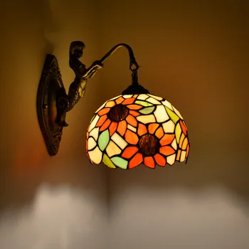 Средиземноморско слънце цвете витражное цветно стъкло E14 led лампа стенни аплици лампа бронз и желязо, с монтиран на стената лампа лампа