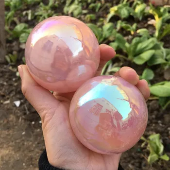 естествен розов кварц скъпоценен камък обхват на Титан дъгата на аурата топка кристали на фън шуй занаяти декорация на дома