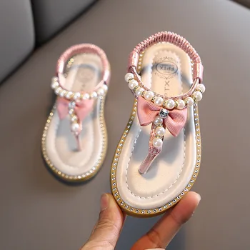 2021 Нови Летни Сандали с перли за момичета; Сандали Принцеса с лък и чехли за деца; Чехли; Детска плажна обувки