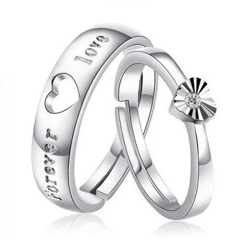 Нов моден тренд S925, инкрустирани със сребро 5A, циркон, двойка пръстени с отворено писмо, няколко прости пръстени във формата на любов