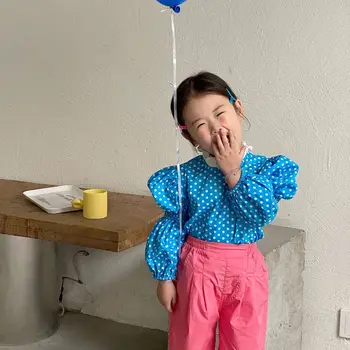 Корейската детски дрехи 2022 година, Новата Пролетно Тениска за момичета с пищни ръкави, блузи на точки, Топ, Детски дрехи за момичета 1-6 години
