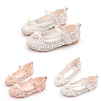 Пролетно-есенни обувки с перли и кристали за момичета, танцови обувки за рожден Ден, детски Модни кожени обувки, обувки на принцесата на висок ток