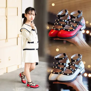 Обувки за момичета 2021 г.; сезон Пролет-Есен, Червен Ежедневни Обувки от кожа с Нитове; детски Обувки в японски корейски стил на дебелите обувки ; обувки за момичета за ниска пета