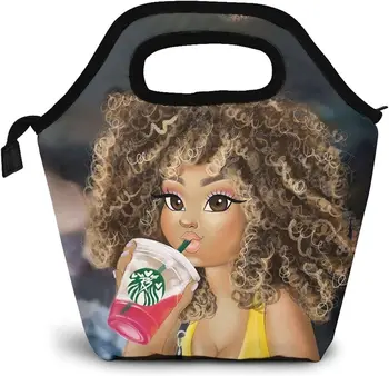 Черна Момиче е афро-американец Girllunch Мъкна Обяд-Апарати Чанти за Обяд с Тънък Неопреновым Материал Водоустойчива Чанта За Пикник