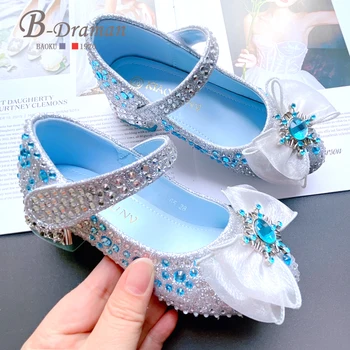 2022 Пролетно-есенен детски обувки на висок ток с декорация във формата на кристали, обувки за изпълнения на пиано, модел обувки за момичета, Кожени обувки, обувки на принцесата