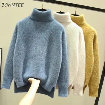 Обикновена Пуловери, Дамски Пуловери с високо Воротом, Минималистичные Основни Универсални Корейски Модни Топли и Уютни Пуловер S-3XL СЪС странична цепка, Лични