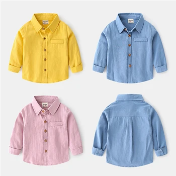 Пролетно-есенен детски дрехи в корейски стил от 1 до 6 години, сини, жълти, бели памучни блузи с дълги ръкави за момчета, Риза, тениска за момчета от 3 до 4 години