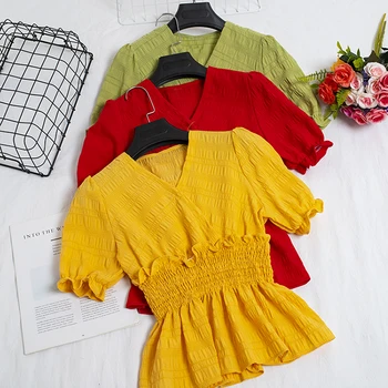 Дамски Ежедневни Памучен Блуза С Къс Ръкав И една Пеперуда, Върховете 2020 Г., Годишният Съкратен Отгоре С V-образно Деколте, Риза Модерен, Дамски Тънък Облекло, 5 Цвята