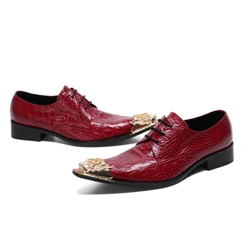 Червени мъжки обувки От Лачена кожа със Златен Остър Пръсти Дантела, Оксфордские Вечерни обувки в стил Дерби, Големи Размери 37-46