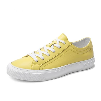 Новост 2022 г.; Мъжки обувки; Кожени маратонки; Пешеходната обувки; - Модерни Ежедневни Обувки дантела; Однотонная мъжки Удобни обувки на равна подметка, Жълта, бяла обувки