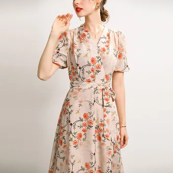 100% рокля от естествена коприна 2022 лятото ново френско рокля с V-образно деколте и дантела, темпераментен талия, пола трапецовидна форма от коприна тутового цвят с принтом феите