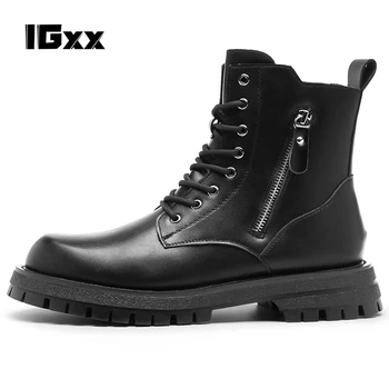 IGxx/Нови мъжки зимни обувки; ежедневни обувки от естествена кожа с високо берцем; модни мъжки обувки в стил пънк с метален...