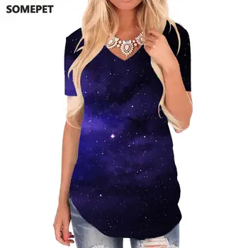 SOMEPET Galaxy Тениска Дамски Неяснота на Забавни тениски Небесни Тениски С Принтом Вселената Тениска С V-образно деколте Дамски Дрехи Години Свободен Стил