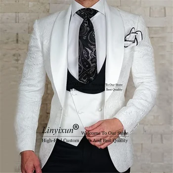 Реколта жакард мъжки костюми За Сватба, Бизнес Мъжки блейзър, Модни Смокинги за Младоженеца-Комплект от 3 теми, Костюм Homme (яке + жилетка + Панталони)