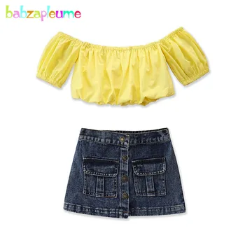 Летни дрехи за деца от 1 до 6 години, 2 броя, модни детски дрехи, жълта тениска + дънки, пола и топ, комплект дрехи за малките момичета BC2057-1
