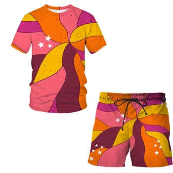 2021 Годишният Ослепителен Костюм-наситен цвят За Момчета И Момичета, Комплекти с 3D Принтом, Къс Ръкав + Шорти, Скъпа Ежедневни Риза в стил Харадзюку, Мъжки дрехи