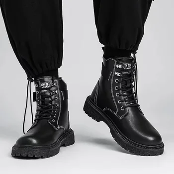2022 Нова Черна Мъжки Ежедневни Кожени обувки с висок берцем в британския стил, мъжки обувки, Реколта кожени обувки