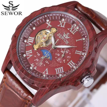 2021 Sewor мъжки механични часовници с виртуален скелет, кожени луксозни мъжки часовници, военни класически дървени часовници, ръчни часовници montre homme
