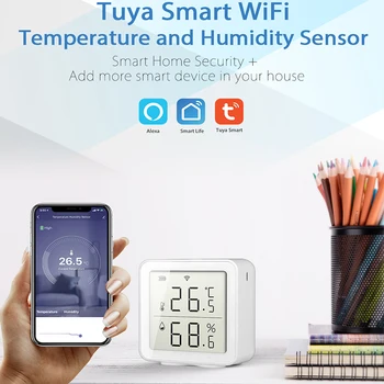 Sasha WIFI Сензор за температура и влажност на въздуха, Влагомер, Термометър за стая Сензор с LCD Дисплей, Поддръжка на Алекса Google Assistant