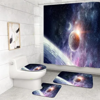 Galaxy Нощно Звездно Небе На 4 Бр. Завеси за Баня с Безплатен плетене на една Кука Подложка за Баня Капак на Тоалетната чиния Подложка За Пода Космически Принт Декор за Баня
