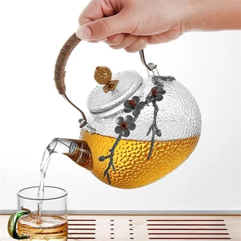 Стъклен Чайник с Креативен Японски Стил Дебели Огнеупорни Цвете Слива с Дръжка Домакински Цветя Кана Офис Чайник Подарък