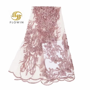 Розова африканска лейси плат 2021 високо качество на Френска чиста бродирани лейси плат с бродирани мъниста завързана кърпа за сватбени партита KSY21107