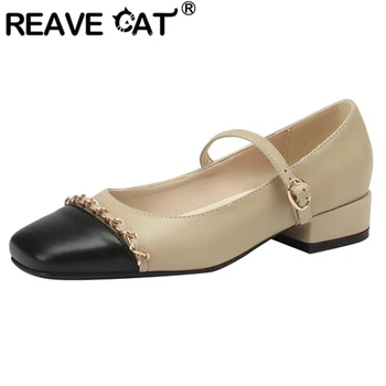 REAVE CAT/Дамски обувки-лодка с Квадратни пръсти На Блок Обувки с катарама, Каишка и Верига, Сладки, по-Големи Размери 31-47, Смесен Цвят, Бежово, Каки, Елегантен, Пролетта S3170
