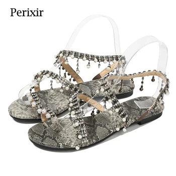 Perixir/дамски сандали от змийска кожа с перли; колекция 2020 г.; нови летни сандали от змийска кожа с мек пръсти; женски черни